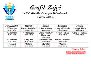 Grafik Zajęć w Sali Ośrodka Kultury w Dziemianach - Marzec 2026 r.