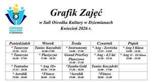 Grafik Zajęć w Sali Ośrodka Kultury w Dziemianach - Kwiecień 2026 r.