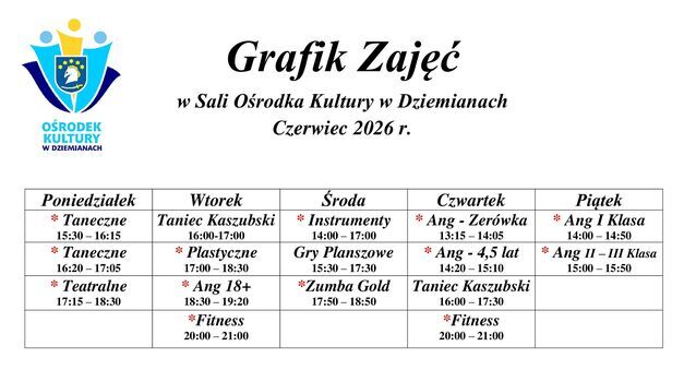 Grafik Zajęć w Sali Ośrodka Kultury w Dziemianach - Czerwiec 2026 r.