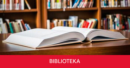 Otwarta książka na blacie na tle półek z książkami, na dole napis BIblioteka