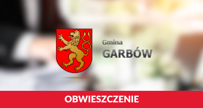 herb gminy stojący złoty lew na tle czerwonej tarczy na dole napis obwieszczenie