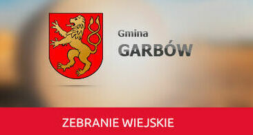 herb gminy stojący złoty lew na tle czerwonej tarczy na dole napis zebranie wiejskie
