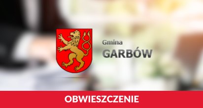herb gminy - stojący złoty lew na tle czerwonej tarczy, na dole napis obwieszczenie