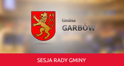 napis Sesja Rady Gminy herb gminy stojący złoty lew na tle czerwonej tarczy