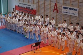 Wykadrowane zdjęcie przedstawiające uczestników Ligi karateków