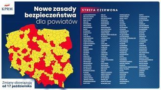 grafika mapa z powiatami strefy żółte i czerwone