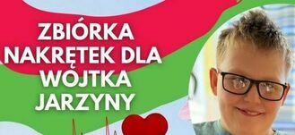 grafika z napisem Zbiórka nakrętek dla Wojtka jerzyny