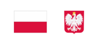 Flaga Polski z dwoma poziomymi pasami, białym na górze i czerwonym na dole, obok godło Polski z białym orłem w koronie na czerwonym tle.