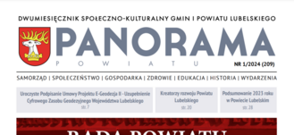 Nagłówek gazety "PANORAMA POWIATU" z herbem, datą wydania (Nr 1/2024 (209)), i czerwonym pasem z białymi napisami kategorii tematycznych.