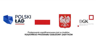 Alternatywny opis zdjęcia: Logo "Polski Ład" z lewej strony, czerwony prostokąt w centrum, logo "BGK Bank Gospodarstwa Krajowego" z prawej. Tekst poniżej informuje o finansowaniu z rządowego programu odbudowy zabytków.