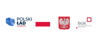 Trzy logo: po lewej "Polski Ład" z niebieską polską i czerwonymi elementami, pośrodku flaga i herb polski, po prawej czerwono-białe logo BGK.