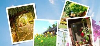 Zdjęcie przedstawia grafikę promującą konkurs z trzema rozmieszczonymi zdjęciami: aleją w ogrodzie, wiejskim domem i kwiatami na oknie, na tle grafiki kwiatowej i napisów o konkursie na "najpiękniejszą posesję Powiatu Lubelskiego".