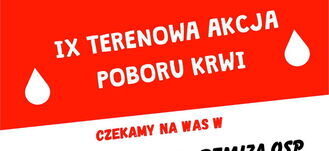 Czerwony baner z białym tekstem informujący o "IX Terenowej Akcji Poboru Krwi" z grafiką białych kropli, zachęcający do uczestnictwa.