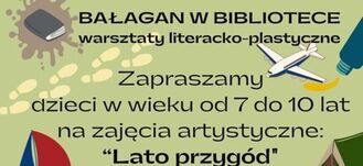 Plakat wydarzenia w bibliotece z grafiką przedstawiającą książki, farby, żaglówkę i postać czytającą, z informacjami o warsztatach literacko-plastycznych dla dzieci.