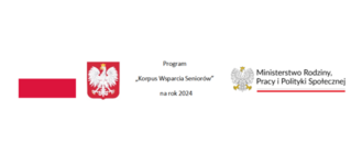 logotypy dofinansowania: Polska flaga i godło polski, napis Program korpus wsparcia seniorów na rok 2024, logo Ministerstwo Rodziny, pracy i polityki społecznej