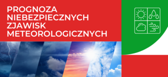 Pasek informacyjny z lewą stroną w kolorze czerwonym z białym tekstem "PROGNOZA NIEBEZPIECZNYCH ZJAWISK METEOROLOGICZNYCH" i prawą stroną z obrazami burzy i słonecznej pogody.
