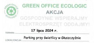 Opis alternatywny: Ulotka informująca o akcji zbiórki elektrośmieci w miejscowości Głuszczynie. Podane są szczegóły miejsca, czasu i przykłady odpadów elektrycznych.