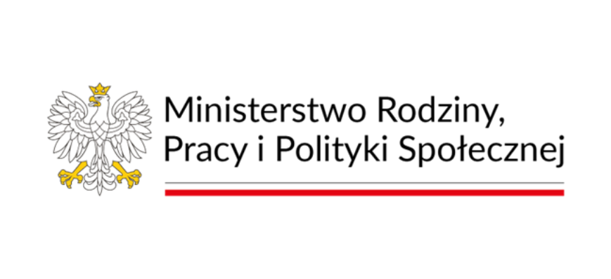 Logo Ministerstwa Rodziny, Pracy i Polityki Społecznej z białym orłem w koronie na czerwonym tle, z napisem w dwóch wierszach czarną czcionką.