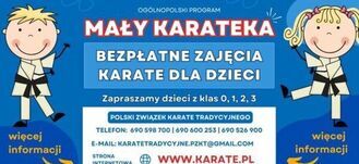 Plakat promujący darmowe zajęcia karate dla dzieci z postaciami w strojach karatek po obu stronach. Informacje kontaktowe i logo Ministerstwa Sportu i Turystyki na dole.