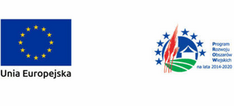 Opis 1: Logo Unii Europejskiej z 12 złotymi gwiazdami ułożonymi w krąg na niebieskim tle, po lewej stronie napis "Unia Europejska".
Opis 2: Logo Programu Rozwoju Obszarów Wiejskich na lata 2014-2020, z graficznymi elementami w kształcie pól, drzew i strzałek, obok napis z nazwą programu.