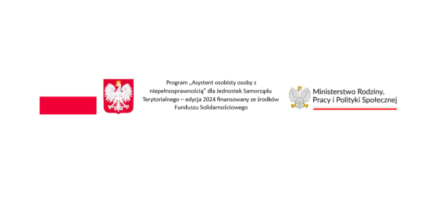 Logo z orłem Rzeczypospolitej Polskiej po lewej i logo Ministerstwa Rodziny, Pracy i Polityki Społecznej po prawej. Środkowa część tekstowa dotyczy programu wsparcia dla osób z niepełnosprawnościami.