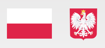 Po lewej flaga Polski z poziomymi pasami białym i czerwonym. Po prawej herb Polski z białym orłem w koronie na czerwonym tle.
