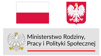 Na zdjęciu znajdują się: flaga Polski, godło Polski oraz logo Ministerstwa Rodziny, Pracy i Polityki Społecznej z orłem w koronie, umieszczone na szarym tle z tekstem.
