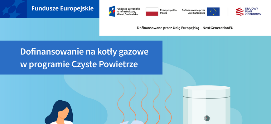 Ciepły salon z roślinami i kanapą, na której siedzi osoba z laptopem. Obok nowoczesny kocioł gazowy. Informacja o dofinansowaniu na kotły gazowe w programie Czyste Powietrze.