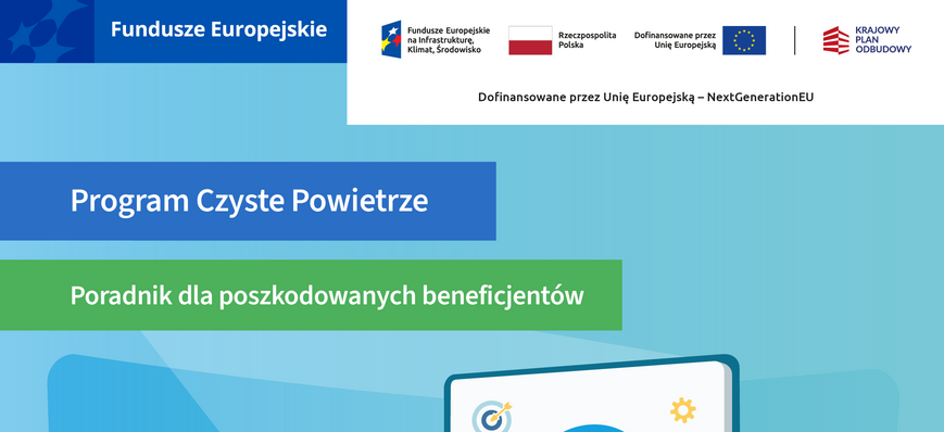 Kobieta i mężczyzna stoją przed dużym tabletem, na którego ekranie widać ikonę informacji oraz symbol ekologicznych działań. Banery informują o programie "Czyste Powietrze" i dofinansowaniu z Unii Europejskiej.