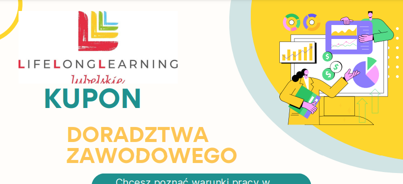 Ilustracja promocyjna oferty doradztwa zawodowego. Grafiki przedstawiają wykresy i osobę wskazującą na nie. Tekst zachęca do testowania pracy w wybranym zawodzie jako obserwator.