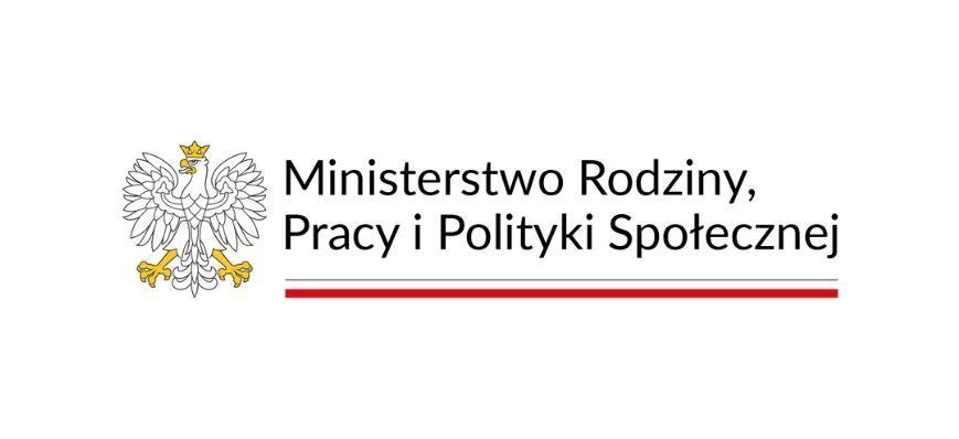 Logo Ministerstwa Rodziny, Pracy i Polityki Społecznej z białym orłem w koronie po lewej stronie i nazwą ministerstwa w czarnym napisie na białym tle. Pod spodem czerwona linia.