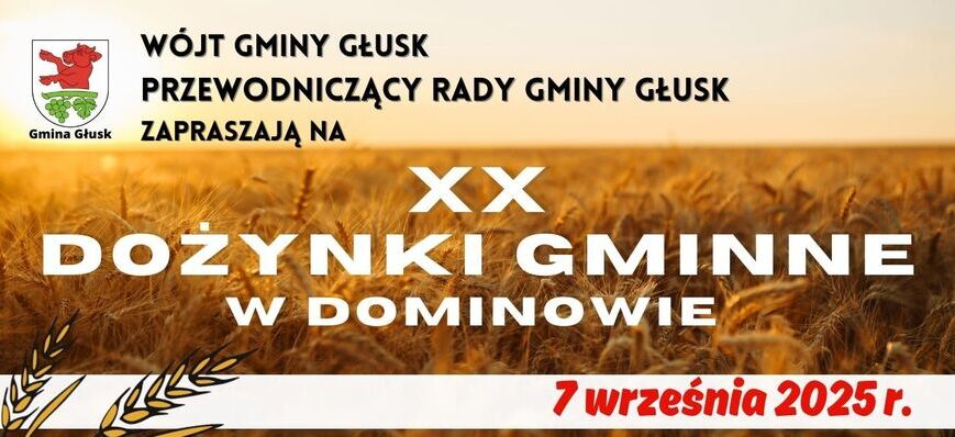 Plakat informuje o XX Dożynkach Gminnych w Dominowie, 7 września 2025 r. Zawiera program, zdjęcia artystów i dekoracyjne kłosy zbóż na tle nieba, z ogłoszeniem koncertów i innych atrakcji.