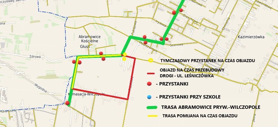 Mapa przedstawia trasy objazdowe w okolicy obszaru miejskiego z zaznaczonymi przystankami i ścieżkami. Kolorami wyróżniono trasę zastępczą, drogi przebudowy oraz przystanki tymczasowe.