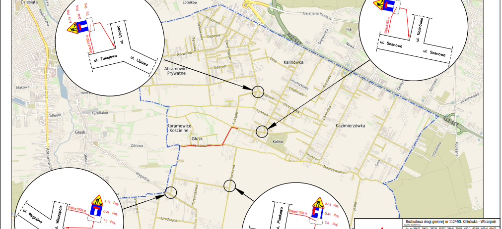 Mapa Głuska z oznaczonymi objazdami. Zawiera szczegółowe powiększenia trzech obszarów: Abramowice Prywatne, Dziesiąta, Szerokie. Zawiera kolorowe linie objazdów, opisy ulic i ikony znaków drogowych.
