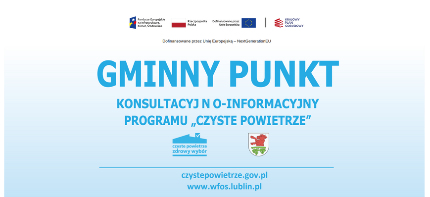 Na obrazku znajduje się plakat informacyjny dotyczący gminnego punktu konsultacyjno-informacyjnego programu "Czyste Powietrze". Widoczne są logotypy instytucji oraz adresy internetowe.