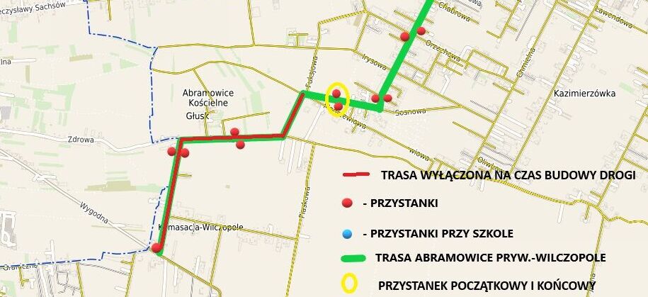 Mapa przedstawia trasę autobusu z zaznaczonymi przystankami i trasą wyłączoną. Przystanki są oznaczone różnymi kolorami, a na mapie widoczne są ulice i tereny zielone.