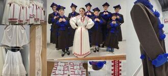 Grupa osób w strojach ludowych pozuje w tradycyjnych ubiorach. Po bokach widoczne są zbliżenia na detale rękodzieła, takie jak hafty czy koronkowe elementy. Na dole logotypy Ministerstwa Kultury i Narodowego Centrum Kultury.