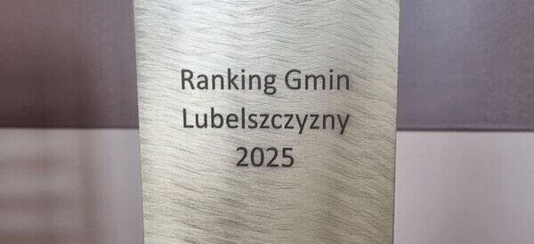 Zdjęcie przedstawia metalową tabliczkę z wygrawerowanym napisem „Ranking Gmin Lubelszczyzny 2025”. Tabliczka ma szorstką powierzchnię i jest ustawiona pionowo. W tle widoczne jest rozmyte tło.