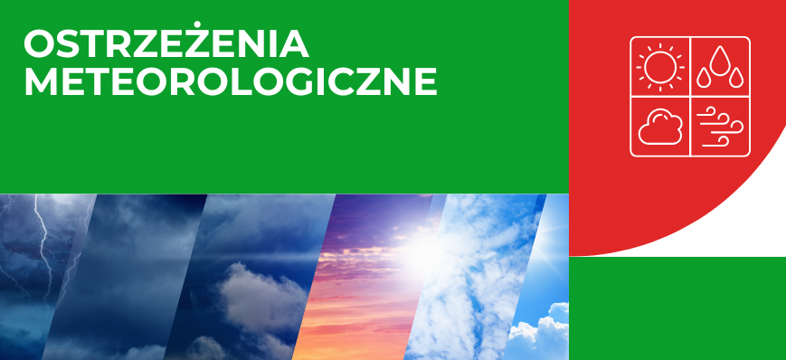 Na ilustracji widnieje napis "Ostrzeżenia meteorologiczne" na zielonym tle. Obok są symbole pogodowe: słońce, krople deszczu, chmura z grzmotami i wiatr. W tle fragmenty zdjęć różnych zjawisk pogodowych.