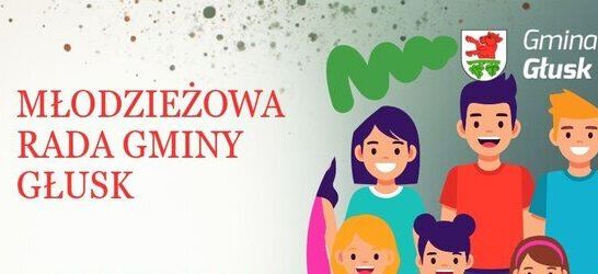 Grafika przedstawia kolorowe ilustracje młodzieży na tle z logo Gminy Głusk. Po lewej stronie widnieje napis "Młodzieżowa Rada Gminy Głusk".