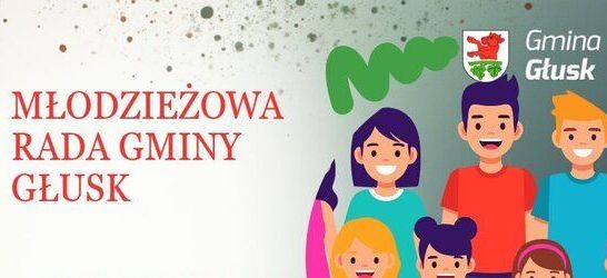 Grafika przedstawia kolorowe ilustracje młodzieży na tle z logo Gminy Głusk. Po lewej stronie widnieje napis "Młodzieżowa Rada Gminy Głusk".