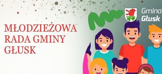 Grafika przedstawia kolorowe ilustracje młodzieży na tle z logo Gminy Głusk. Po lewej stronie widnieje napis "Młodzieżowa Rada Gminy Głusk".
