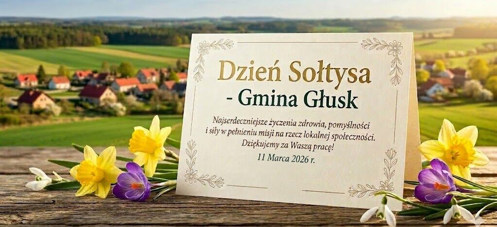 Kartka z życzeniami z okazji Dnia Sołtysa na tle malowniczej wsi. Widoczne kwiaty żonkili i krokusów. Tekst wyraża wdzięczność za pracę na rzecz lokalnej społeczności. Data: 11 marca 2026 r.