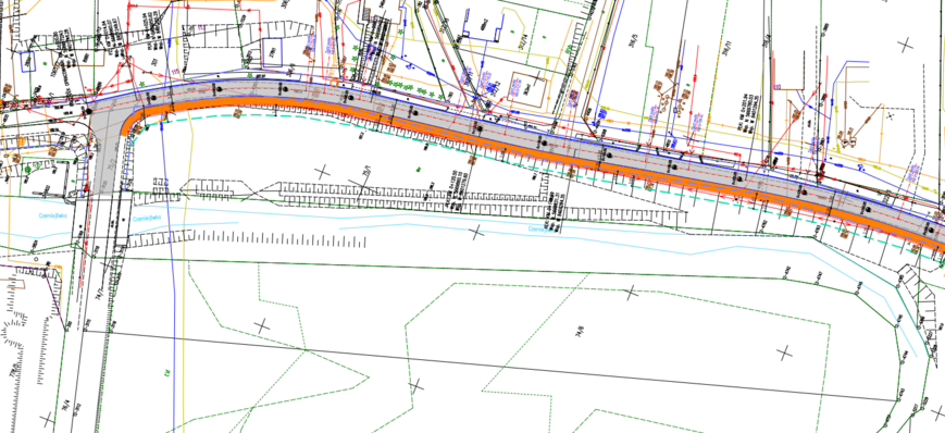 Mapa topograficzna przedstawiająca układ dróg, sieci wodociągowych i energetycznych. Zawiera linie i symbole oznaczające różne elementy infrastruktury miejskiej.