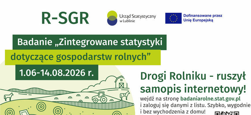Plakat promujący badanie statystyczne gospodarstw rolnych z datą 1.06-14.08.2026 r. Zawiera informacje o samospisie internetowym, logo Urzędu Statystycznego w Lublinie i istnieniu dofinansowania z Unii Europejskiej.