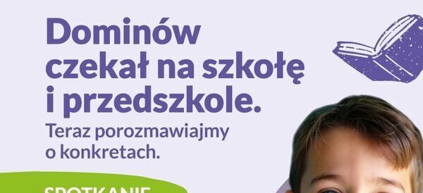 Plakat informacyjny spotkania w sprawie nowej szkoły o nazwie Inventio. Na plakacie uśmiechnięty chłopiec oraz szczegóły spotkania: 30 czerwca, godz. 17:00, w Urzędzie Gminy Głusk.