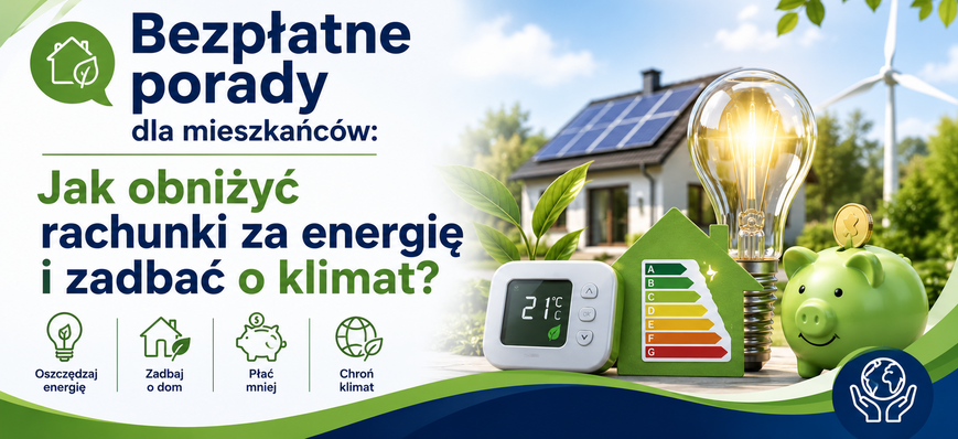 Reklama z hasłem: „Bezpłatne porady dla mieszkańców: Jak obniżyć rachunki za energię i zadbać o klimat?”. Obrazek pokazuje dom, żarówkę, termostat, panele słoneczne i symbole oszczędzania energii.