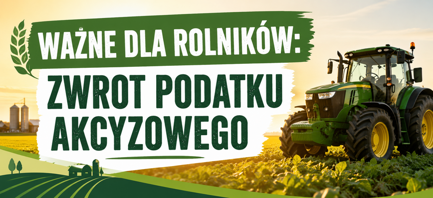 Grafika informacyjna z napisem "Ważne dla rolników: Zwrot podatku akcyzowego". W tle jest zielony traktor na polu, a na horyzoncie widoczne są dwa silosy. W lewym dolnym rogu znajduje się ilustracja gospodarstwa.