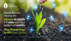 zdjęcie rośliny i napis konsultacje społeczne drugiej wersji projektu Planu Strategicznego dla Wspólnej Polityki Rolnej.