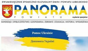 flaga ukrainy i napis panorama powiatu